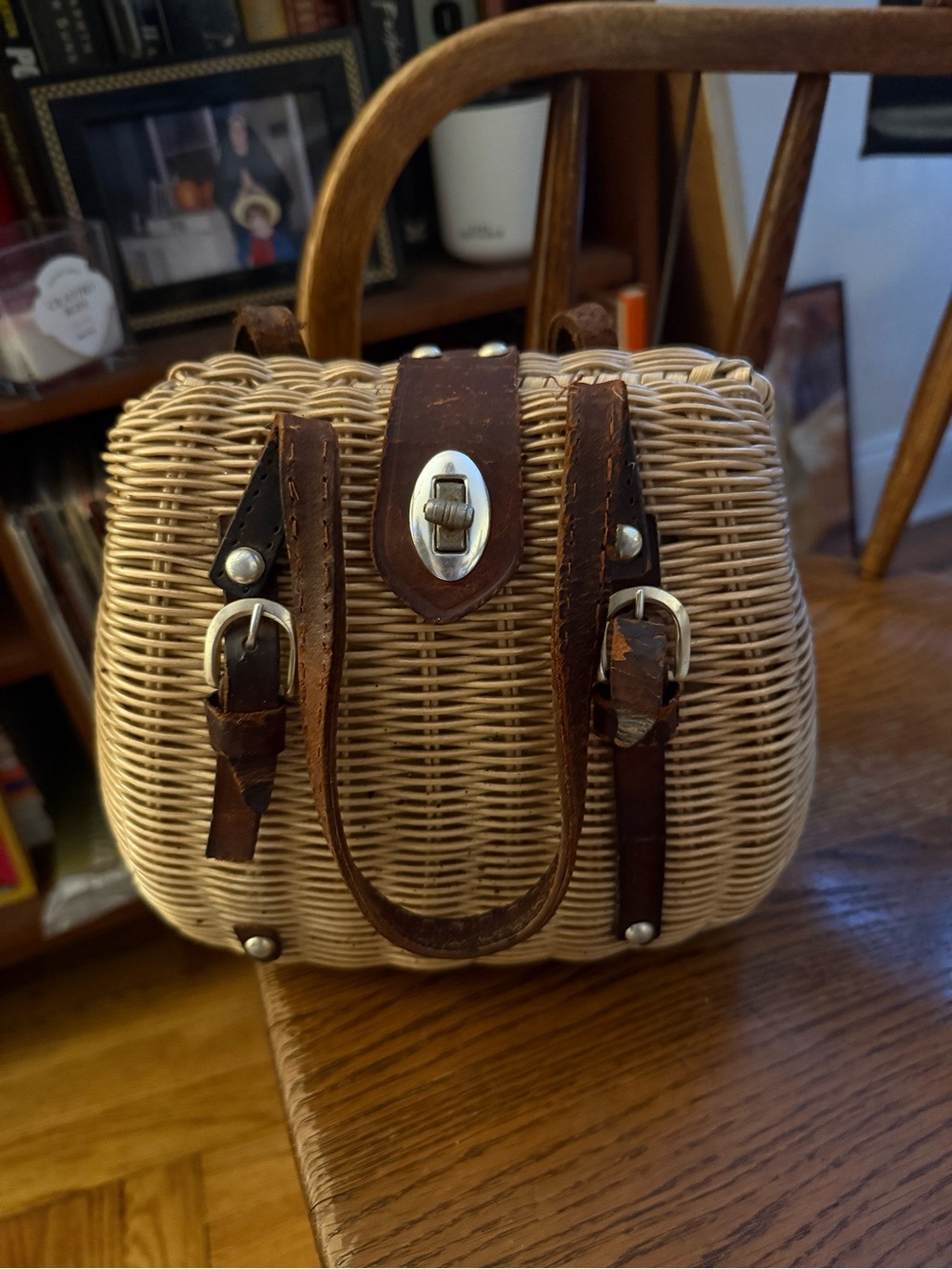 Vintage 1950s 60s Corliss Wicker Rattan Handbag Leather Purse Hong Kong